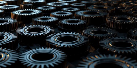 Obraz premium Detailed 3D gears are arranged in a symmetrical pattern on a digital canvas, with sharp lighting and shadows enhancing their structure. The scene evokes a sense of precis
