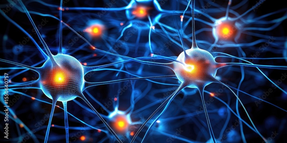 Poster A neural network diagram on a digital screen with glowing nodes, symbolizing the growth of artificial intelligence and cognitive knowledge.