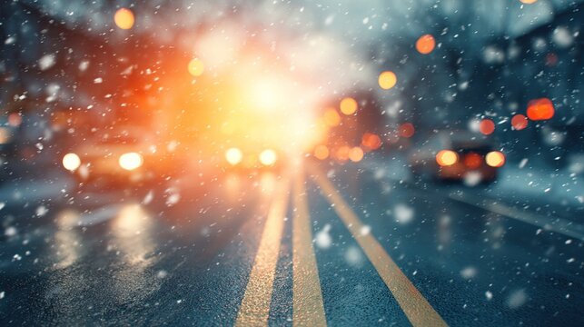 Blurry city street at night, snowfall, warm light