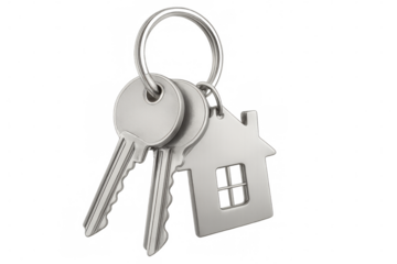 Metal keys and house-shaped keychain dangling from keyring against transparent surface, symbolizing homeownership and property possession