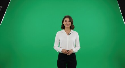 Young Woman Smiling in Front of Green Screen Studio During Presentation