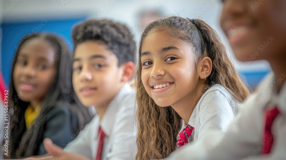 Poster Group of diverse students in a classroom debate, close-up on varied expressions and animated gestures, bright lighting emphasizes inclusive education