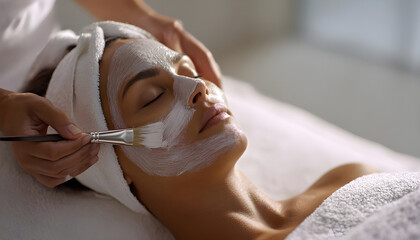 Beautician applying white clay mask to young woman face in spa wellness center. Facial treatment therapy in beauty salon, skincare