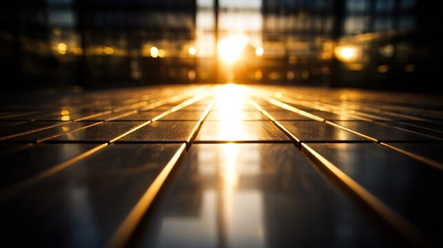 Gleaming tiles reflect golden light amidst blurred urban architecture