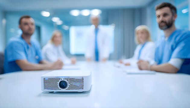 Video projector on table during medical conference with smiling doctors. Pro people team training, learning, presentation or lecture with modern digital technology