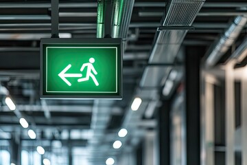 Green emergency exit sign on dark gray background
