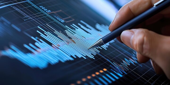 Business professionals developing strategies for growth using data analysis and collaborative planning in a high-tech setting.