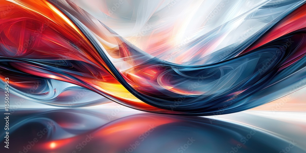 Poster An abstract artwork showcasing overlapping and intertwining 3D geometric patterns, employing gradients and reflective surfaces to create a sense of movement and spatial c