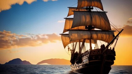 Majestic tall ship sailing on the tranquil sea during sunset with warm sunlight illuminating the sails and creating a picturesque maritime scene - Powered by Adobe