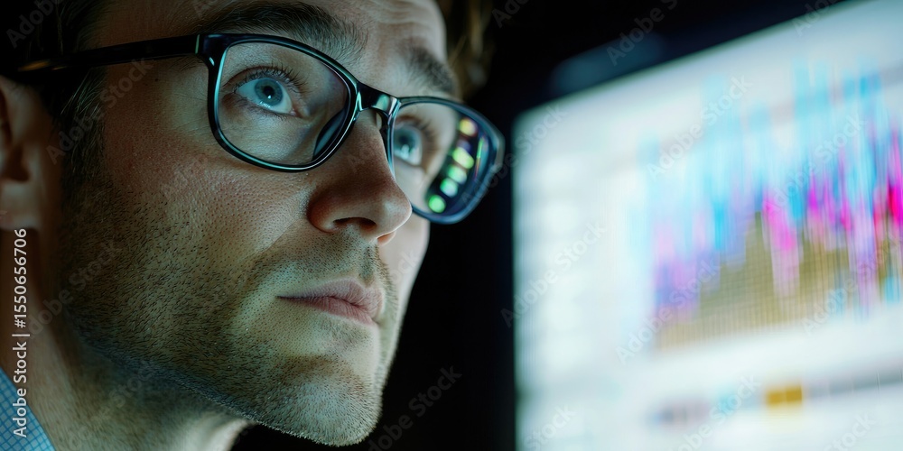Poster financial analyst reviewing data on global economic indicators on a comprehensive, interactive digit