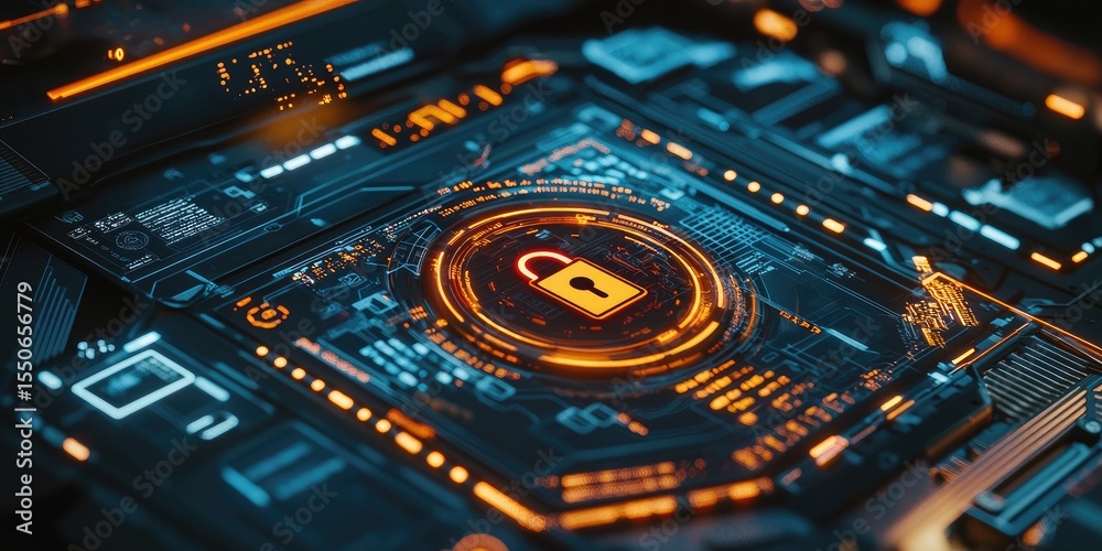 Poster a cybersecurity dashboard with a lock icon, featuring  ecurity protocols and data protection measures.
