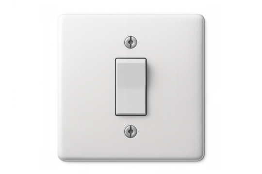 Close-up of a white light switch on a transparent background, representing the concept of power control and energy saving