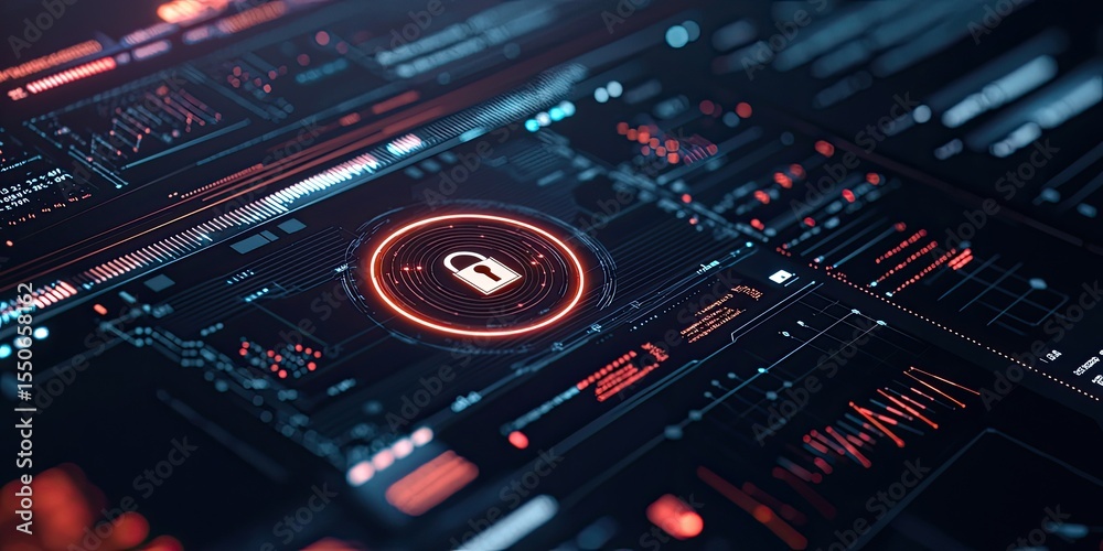 Poster a cybersecurity dashboard with a lock icon, featuring  ecurity protocols and data protection measures.