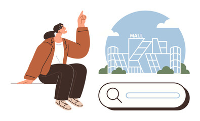 Person sitting while pointing upward toward a modern mall with a cityscape backdrop and a large search bar. Ideal for retail concepts, online shopping, exploration, urban living, navigation, digital