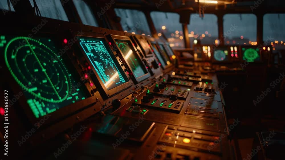 Poster multiple monitors displaying crucial navigation data illuminate the control room of a ship, creating