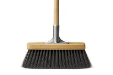 Traditional wooden-handle broom with black bristles, highlighting household cleaning tool against clean transparent backdrop