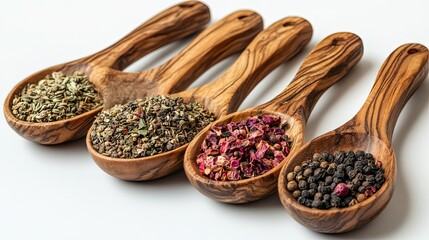 Wooden Scoops Filled with Assorted Herbs and Spices 