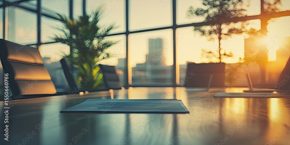 Poster Business meeting setup with collaborative spaces and advanced technology in a contemporary conference room.