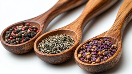 Wooden Scoops Filled with Assorted Herbs and Spices