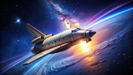 Naklejka premium A Spacecraft's Majestic Flight Over a Vibrant Planet, Illuminated by a Cosmic Dawn