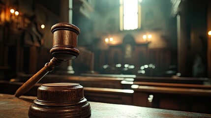 Wooden Gavel on Sound Block in Blurred Courtroom Scene 