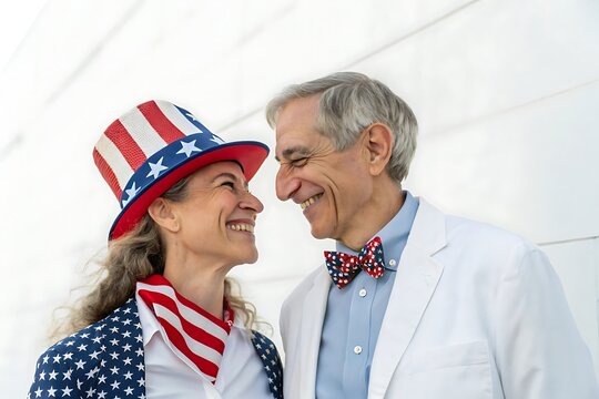 Joyful couple wearing patriotic american flag attire and smiling