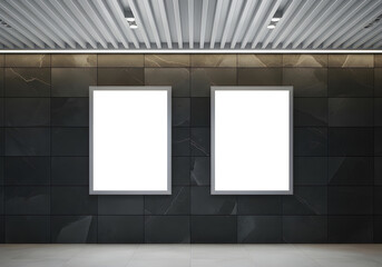 Two blank frames ready for your art or advertisements on a dark wall.