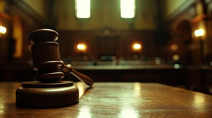 Wooden Gavel on Sound Block in Blurred Courtroom Scene 