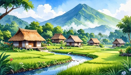 Peaceful rice paddies with wooden huts and a flowing stream representing traditional village life, harmony with nature, and eco-tourism in Southeast Asia