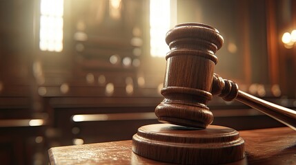 Wooden Gavel on Sound Block in Blurred Courtroom Scene 