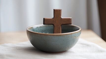 Wooden Cross Set in Smoky Blue Ceramic Bowl 