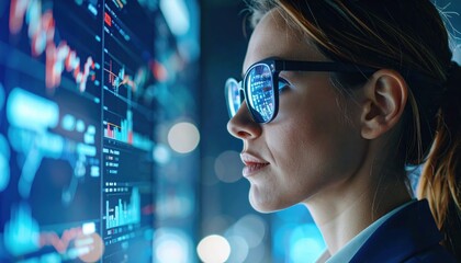 Woman analyzing financial data on high-tech screens symbolizing modern finance, stock trading, AI integration and global economic trends