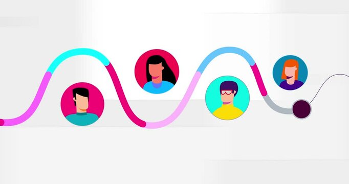 Human heads animated with color sinusoid shape on white. Men and women heads with gestures moves in color circles. Motion design video business explainer style info graphic illustration.
