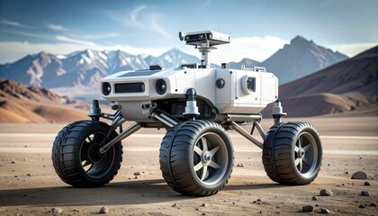 An advanced robotic rover navigating a barren desert with mountains in the background, symbolizing space exploration and technological innovation