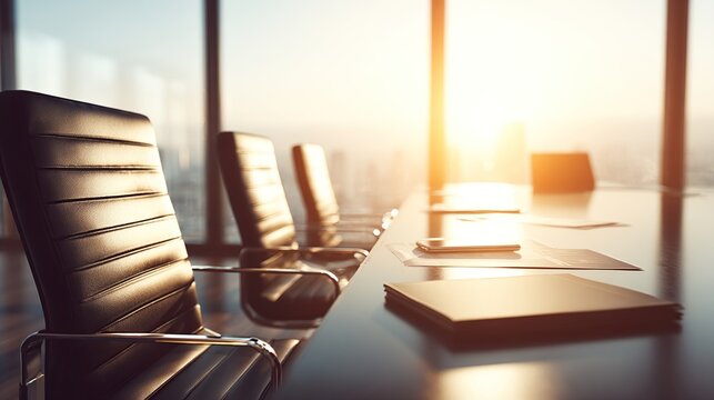 Conference room's black chairs and table overlook the city during a sunny sunset - Powered by Adobe