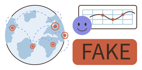 Globe with connected points, data graph, smiling face, bold FAKE label. Ideal for misinformation awareness, social media influence, connectivity, analytics, content verification global