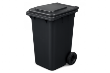 Studio shot of a large black plastic wheeled trash can with lid, isolated on transparent background