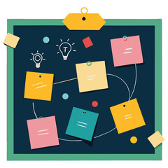 Colorful flat design of a pinboard with sticky notes, lightbulb icons, and connecting lines, symbolizing brainstorming and organization.