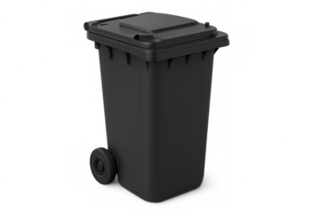 Black plastic garbage bin with wheels, photographed in studio setting against transparent backdrop