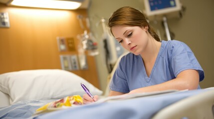Dedicated Nurse Documenting Patient Medical Notes at Hospital Bedside