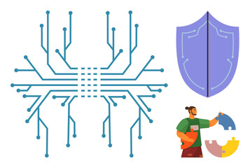 Circuit board pattern symbolizes technology connections, shield emphasizes security, person solving puzzle conveys problem-solving. Ideal for data protection, IT, innovation, teamwork, education