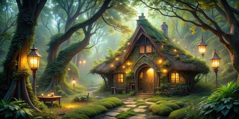 Fototapeta premium Enchanted Cottage nestled deep within a mystical forest, illuminated by the soft glow of lanterns and fairy lights on a tranquil evening