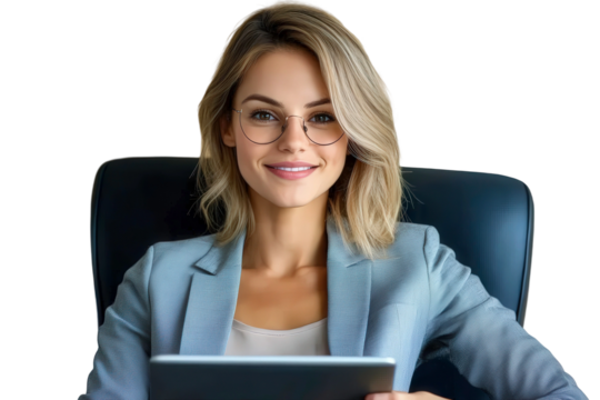 Young professional woman with glasses smiling while holding a tablet, seated in a modern office environment with a confident expression and stylish attire