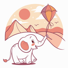 SVG art: A Funny Elephant in a Desert sunset vibe with with a rainbow kite, tinted with Sundown Glow tones