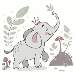 SVG art: A Joyful Elephant in a Fairy forest vibe with with a tiny crown, tinted with Whimsy Woods tones