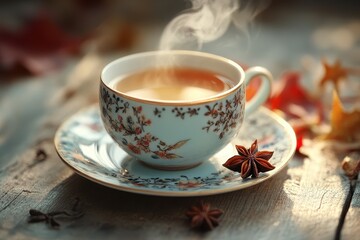 Fototapeta premium Cup of steaming chai tea with anise stars on a rustic teal saucer and table, evoking a warm and comforting aesthetic