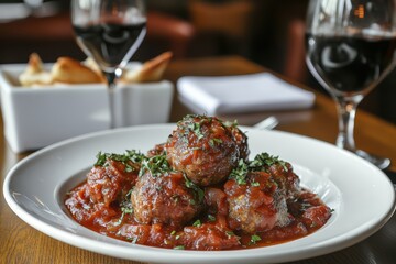 Indulgent meatball dish with polenta and a rich tomato sauce garnished with fresh parsley, served in a fine dining restaurant