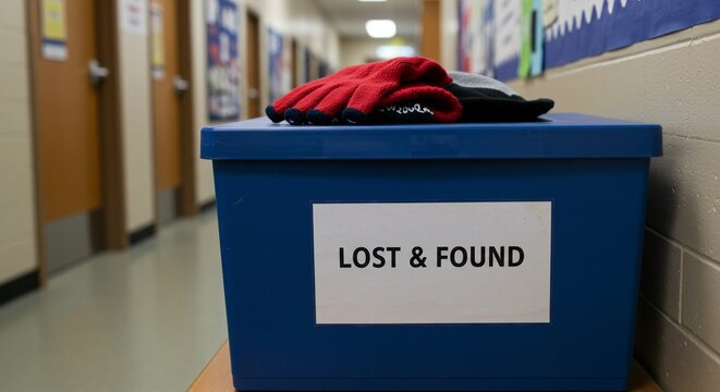 The image features a lost and found box filled with items, indicating a place where misplaced belongings are collected.