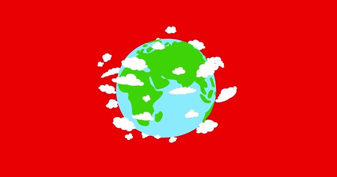 Earth globe flat doodle 2d design with moving clouds redbox. Earth day cartoon animation. Hand drawn illustration video motion design explainer style animated. Modern business education 4k movie.