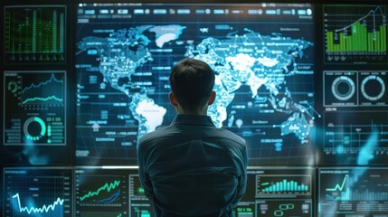 Obraz premium A man looking at a large display of graphs